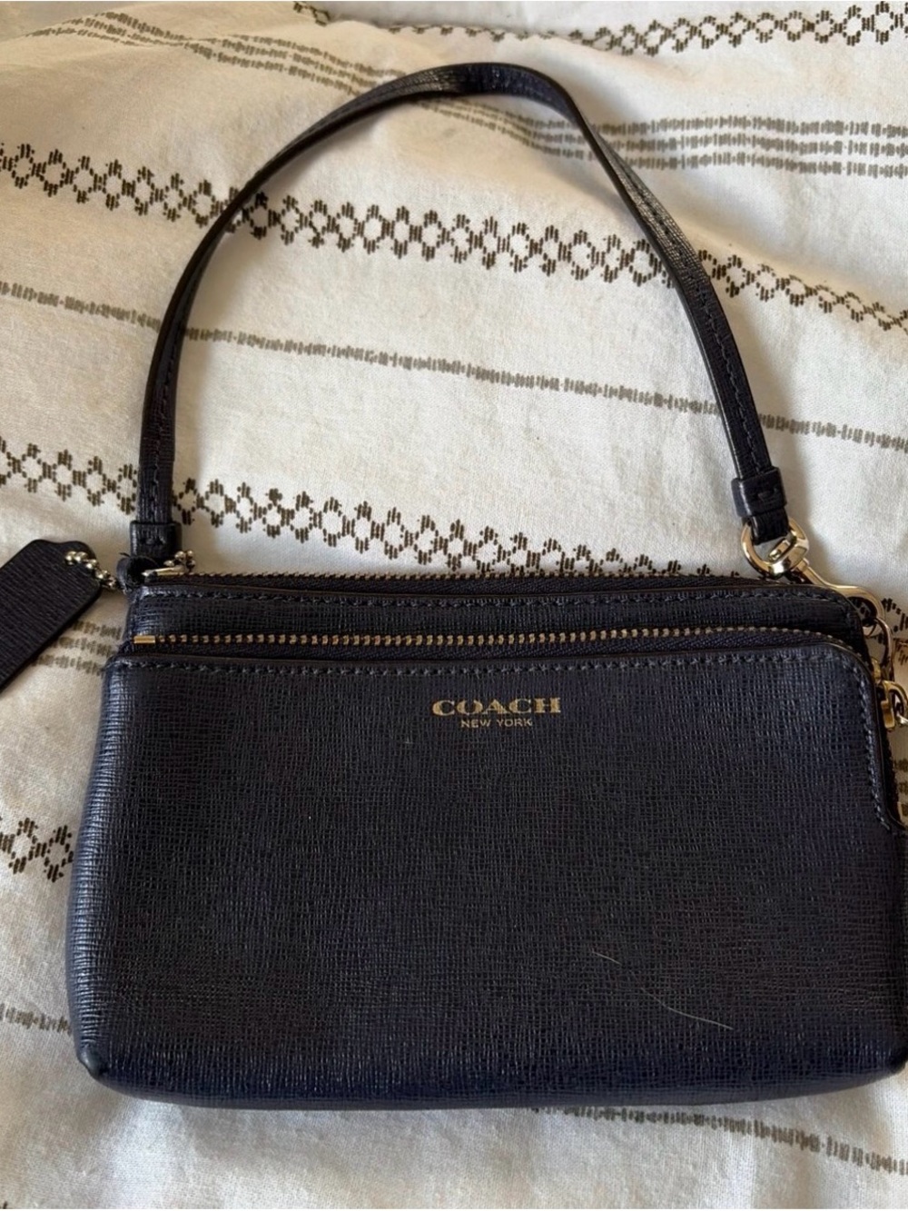 Coach Navy Leather Mini Wristlet with Gold Hardware